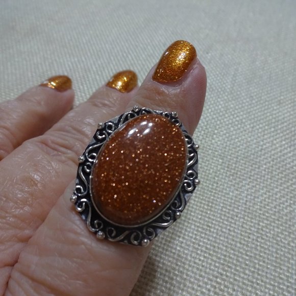 Sparkling "GOLD SUNSTONE" Handmade Sterling Ring Size 8.25 #729B - Picture 1 of 3